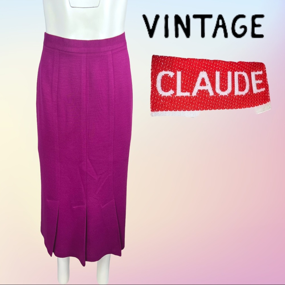 Vintage 80's Magenta CLAUDE Kick Pleated Midi Skirt with ILGWU Tags Sz 11/12
